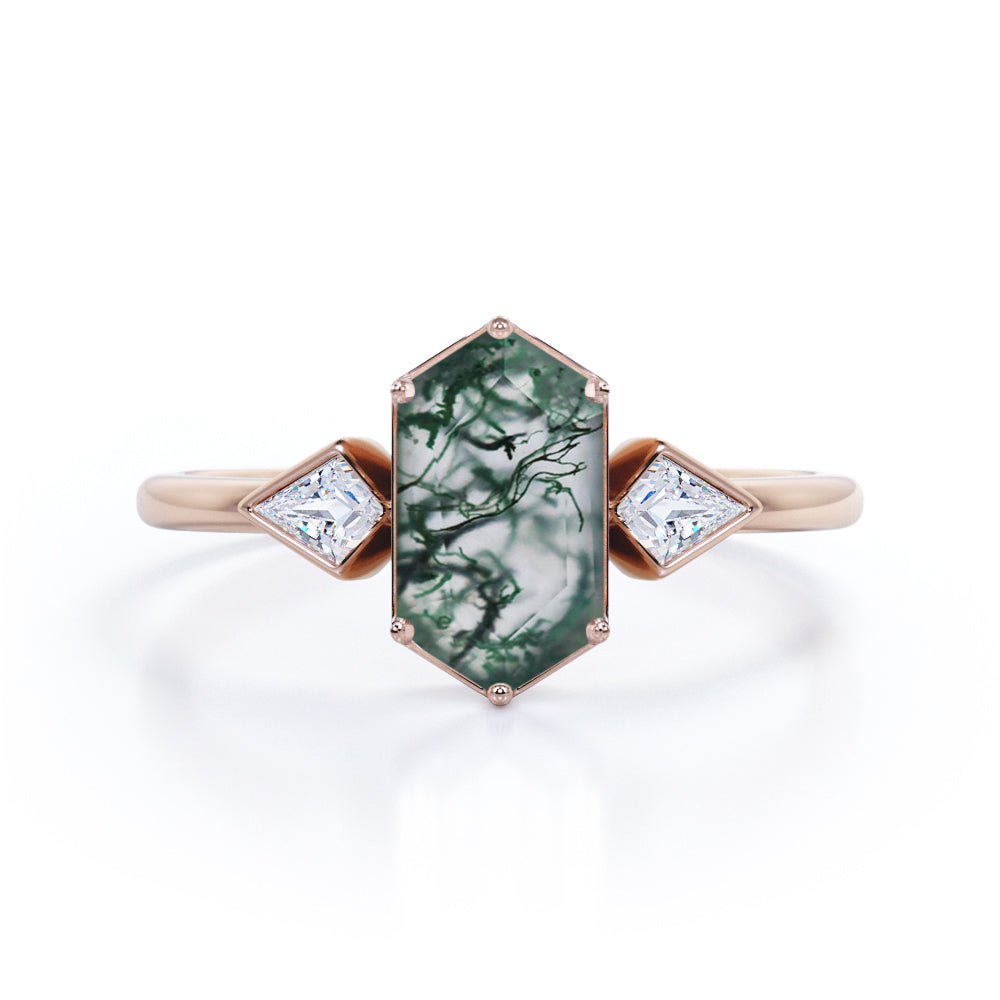 Antique Trinity 1.2 carat Hexagon shaped Moss Green Agate and Kite diamonds engagement ring in White gold