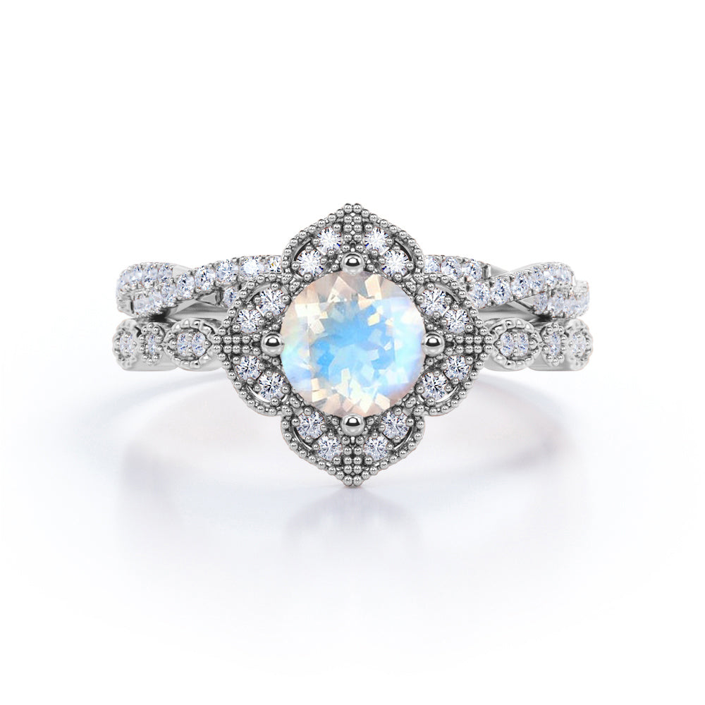 Vintage Flower inspired 1.75 carat Milgrain border Moonstone and half-infinity wedding ring set for her