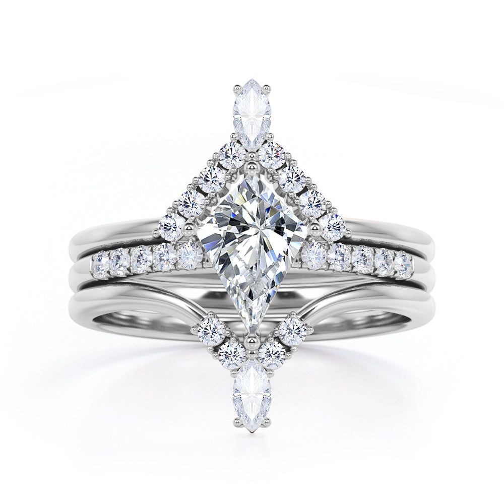 Royal Chevron 1.3 carat Kite shaped Moissanite and diamond trio wedding ring set for women in Black gold