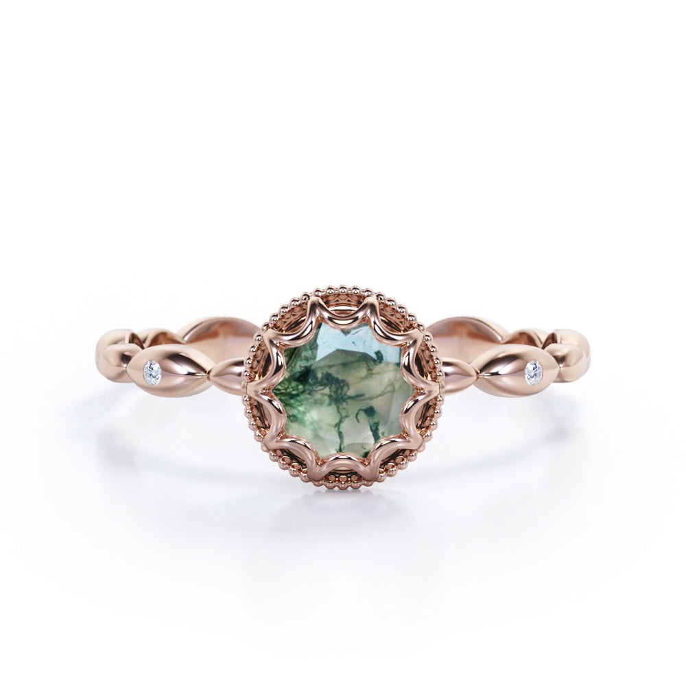 Exquisite infinity rope design 1 carat Round cut Moss Green Agate Scalloped halo engagement ring in White gold