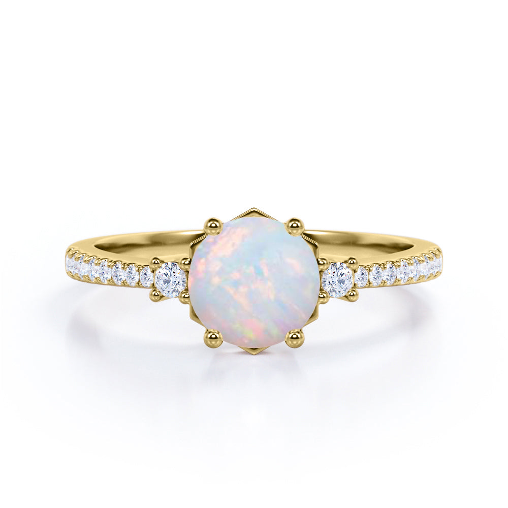 Contemporary 3 stone 1.2 carat Round cut Ethiopian Opal and diamond basket setting low basket setting engagement ring in White gold