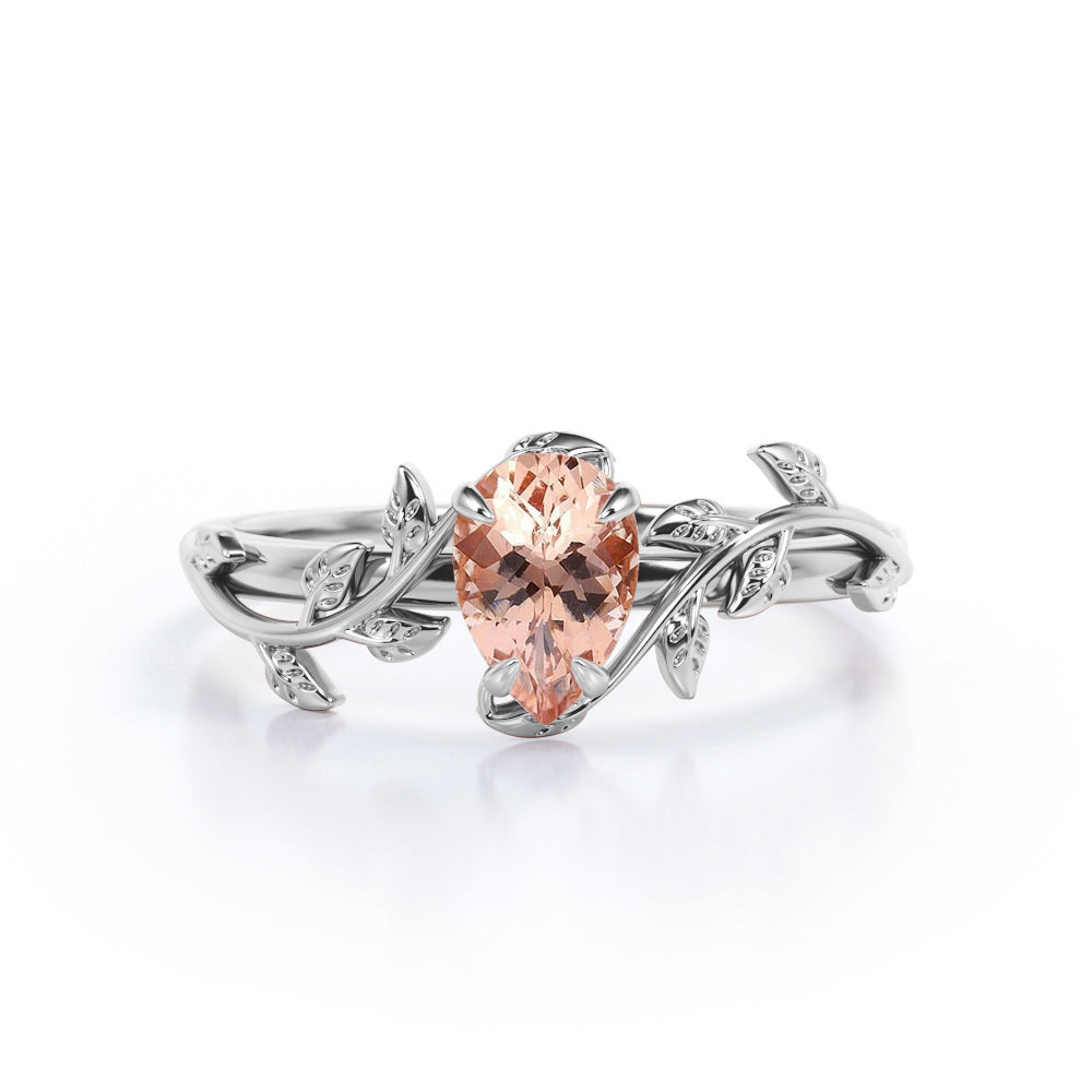 Antique Solitaire 1 carat Pear cut Morganite 4 prong setting Engagement ring for women-Promise ring