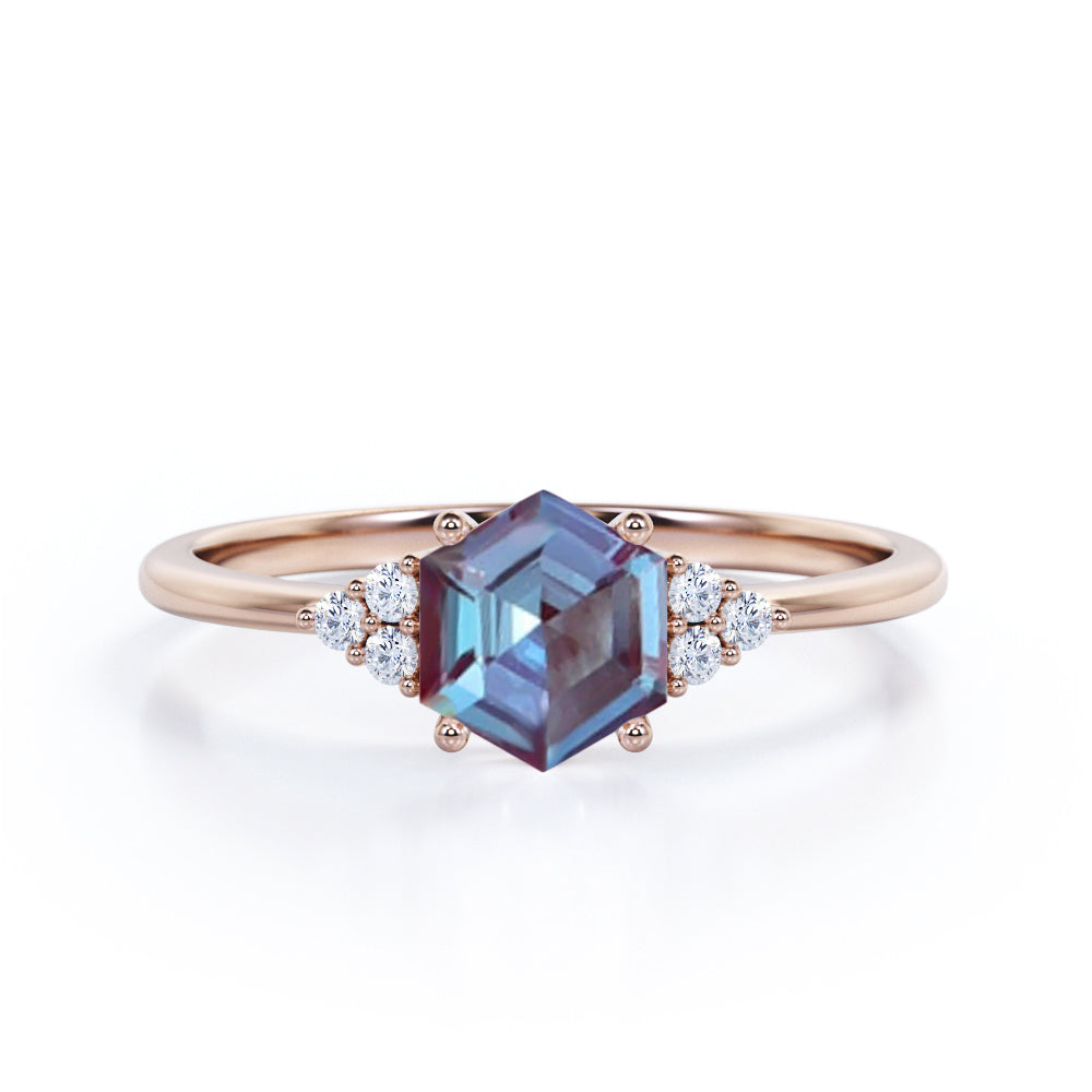Quadrilateral Prong 0.55 carat Alexandrite and diamond seven stone engagement ring in Black gold