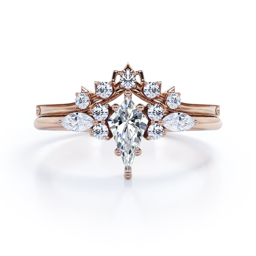 Vintage Royal inspired 1.35 carat Kite shaped Moissanite and diamond art deco wedding ring set in White gold