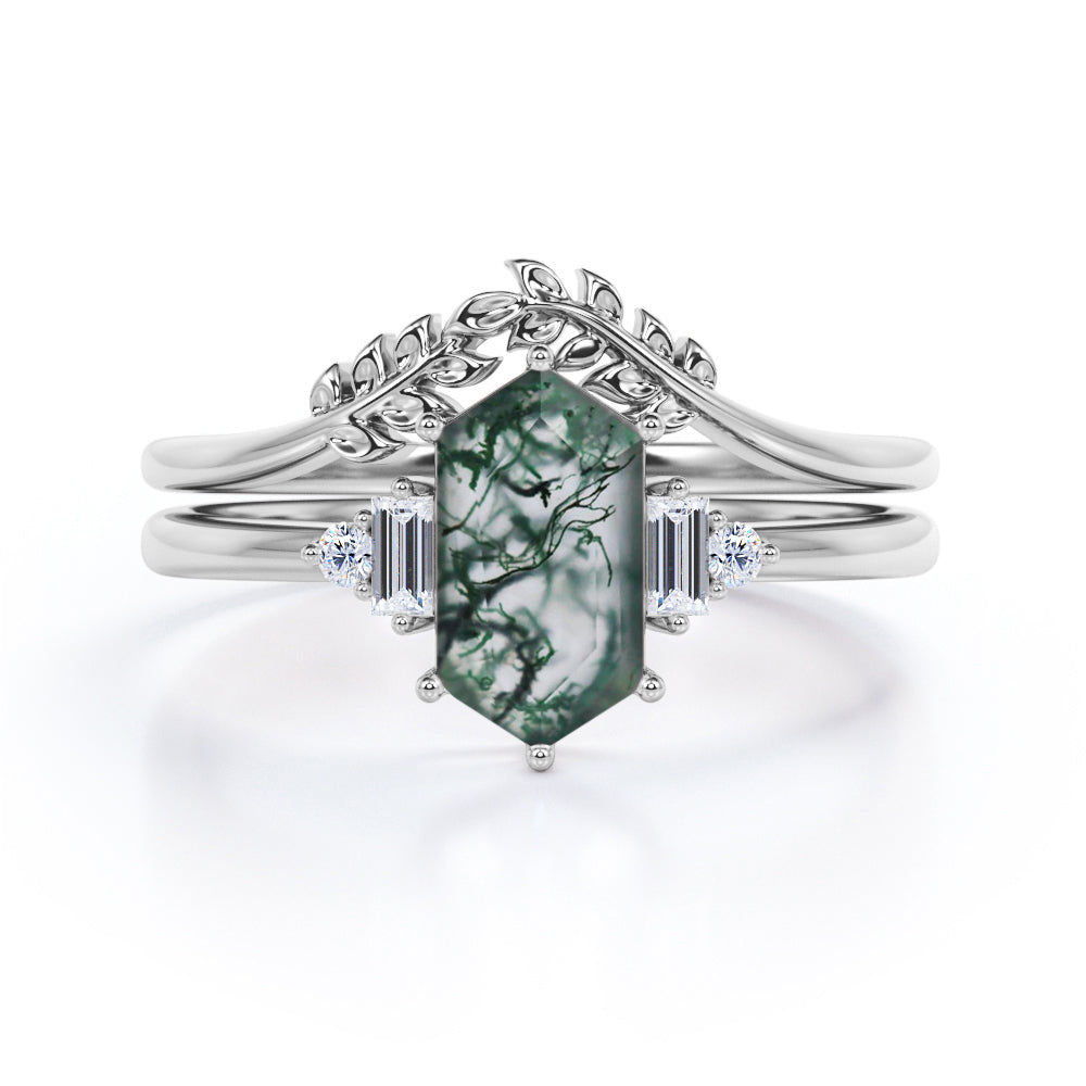 Leaf inspired Chevron 1.1 carat Hexagon shaped Moss Green Agate and diamond wedding ring set in Rose gold