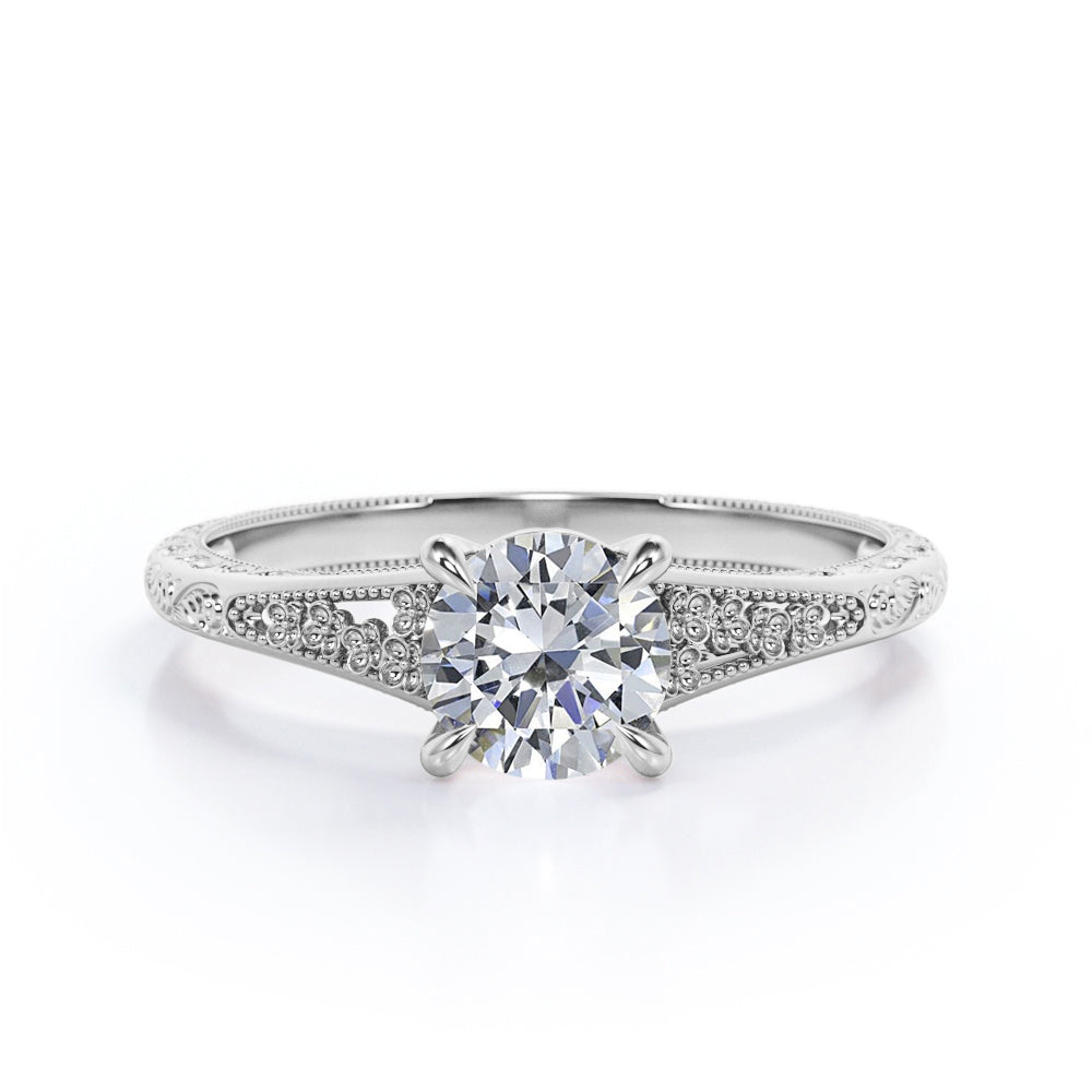 Floral art inspired 1 carat Round cut Moissanite split shank engagement ring in Rose gold