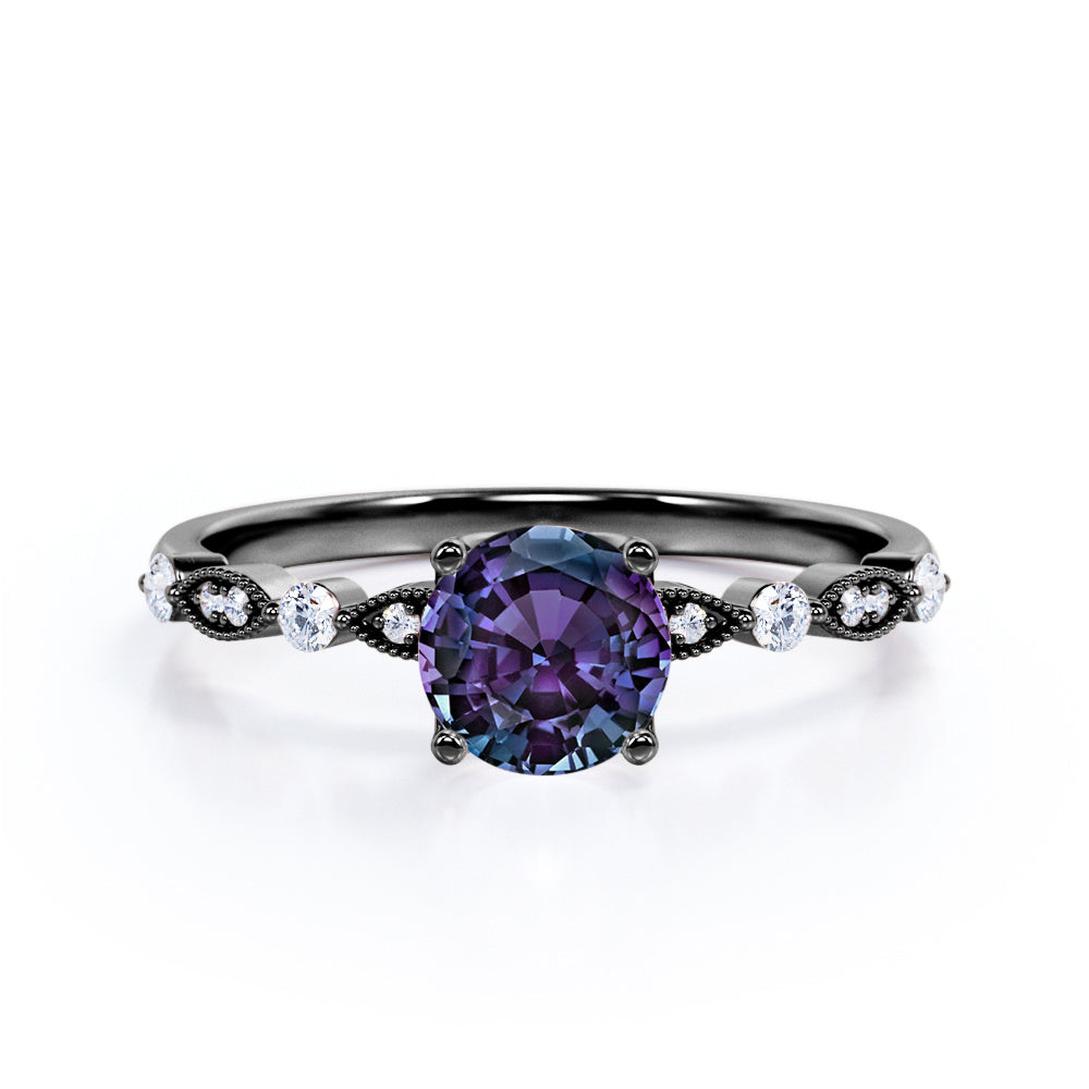 Authentic 1.1 carat Round cut Lab made Alexandrite and diamond-Milgrain-classic prong engagement ring in White gold