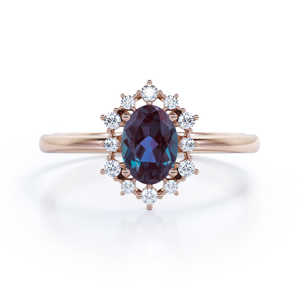 Snowflake Cluster 1.25 carat Oval shaped Alexandrite and diamond floral halo engagement ring in Black gold