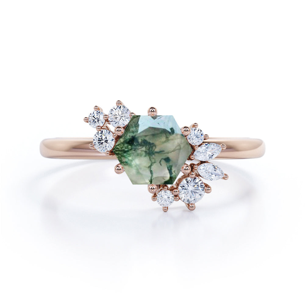 Aesthetic 0.65 carat Hexagon shaped Moss Green Agate and diamond art deco inspired engagement ring in Black gold