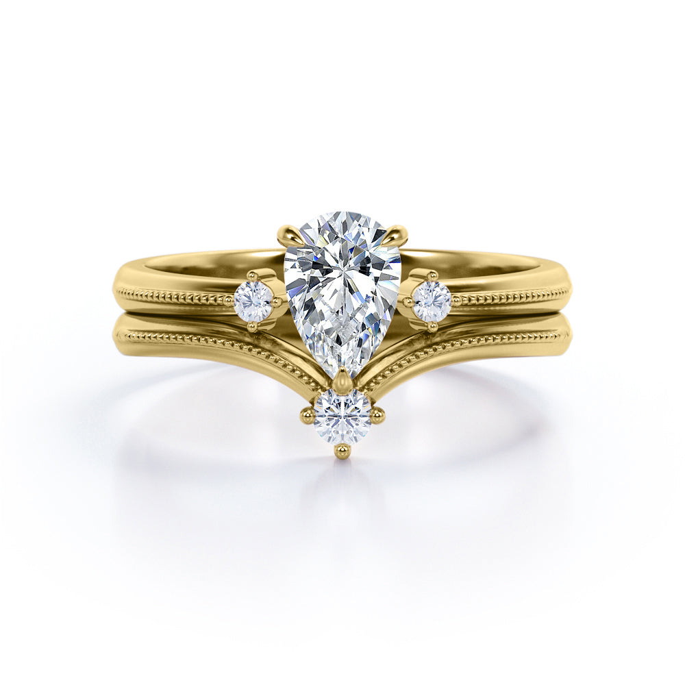 Unique 4 stone 1.1 carat pear cut moissanite and diamond-open ring- milgrain wedding ring set for her