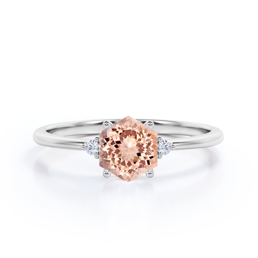Asymmetrical Trilogy 0.55 carat Hexagon Morganite and diamond 3 stone engagement ring in Rose gold