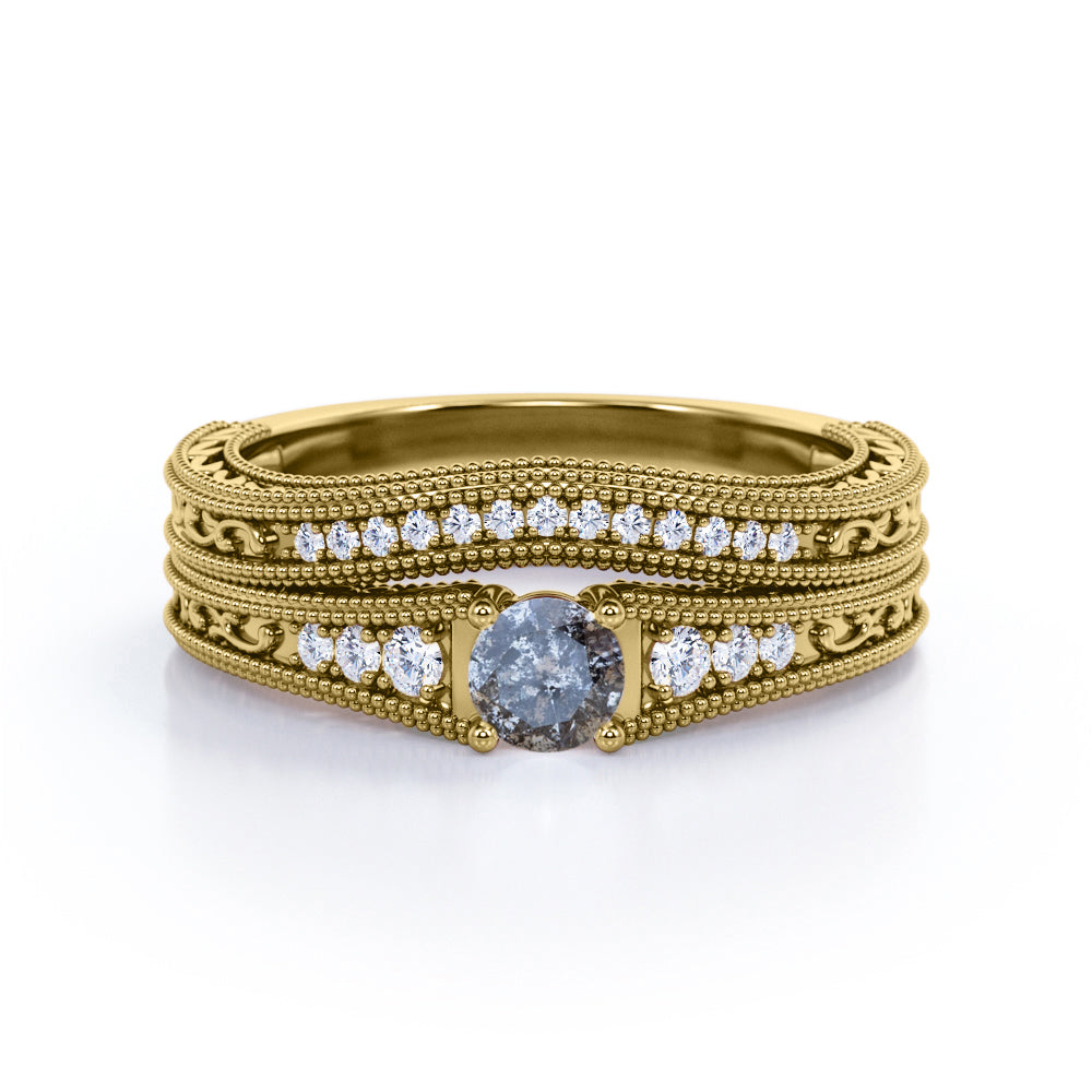 Contoured filigree 0.8 carat Round cut Salt and pepper diamond and White diamond vintage chevron wedding ring set in white gold