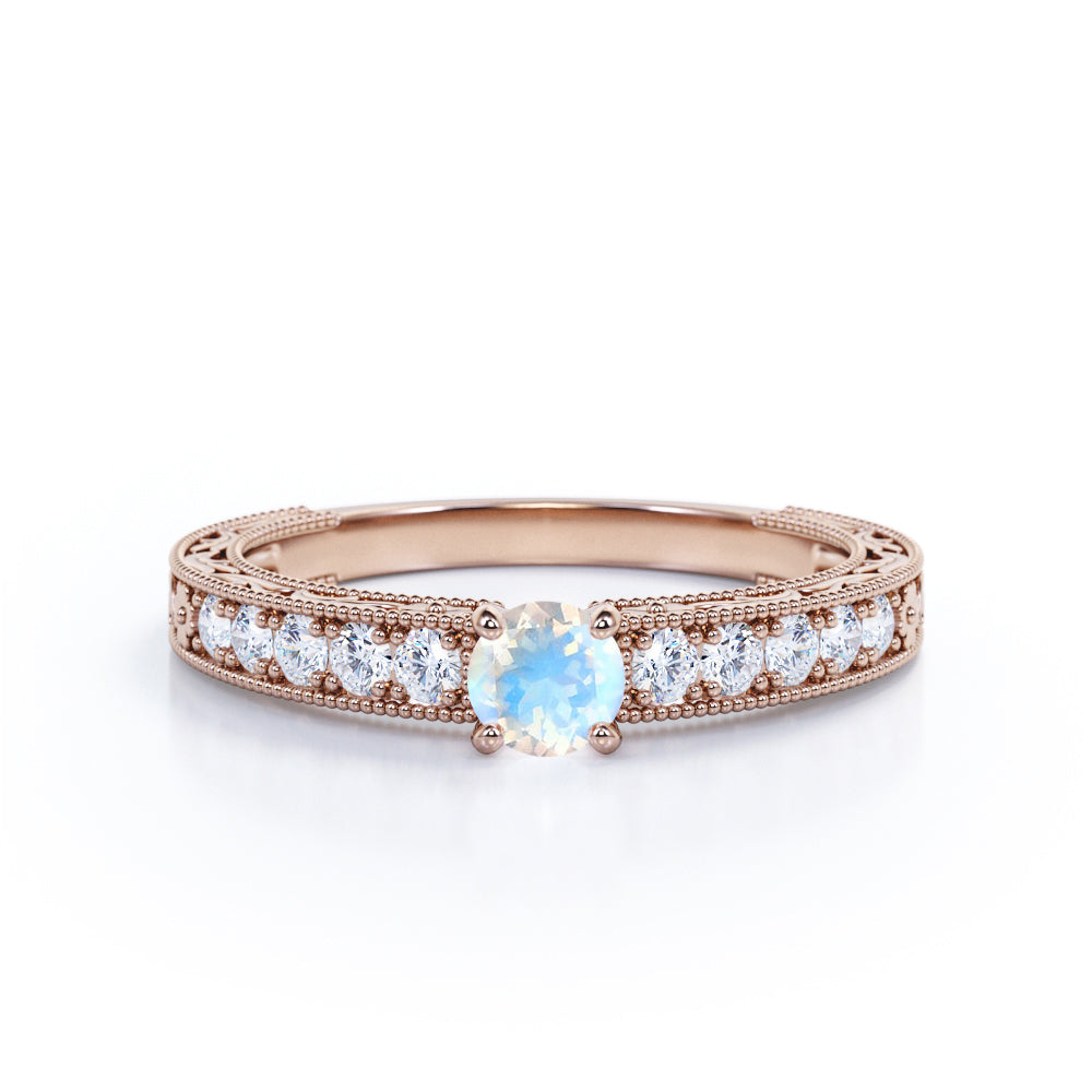 Art deco Cathedral 1.25 carat Round cut Blue Moonstone and diamond Milgrain and Filigree engagement ring in White gold