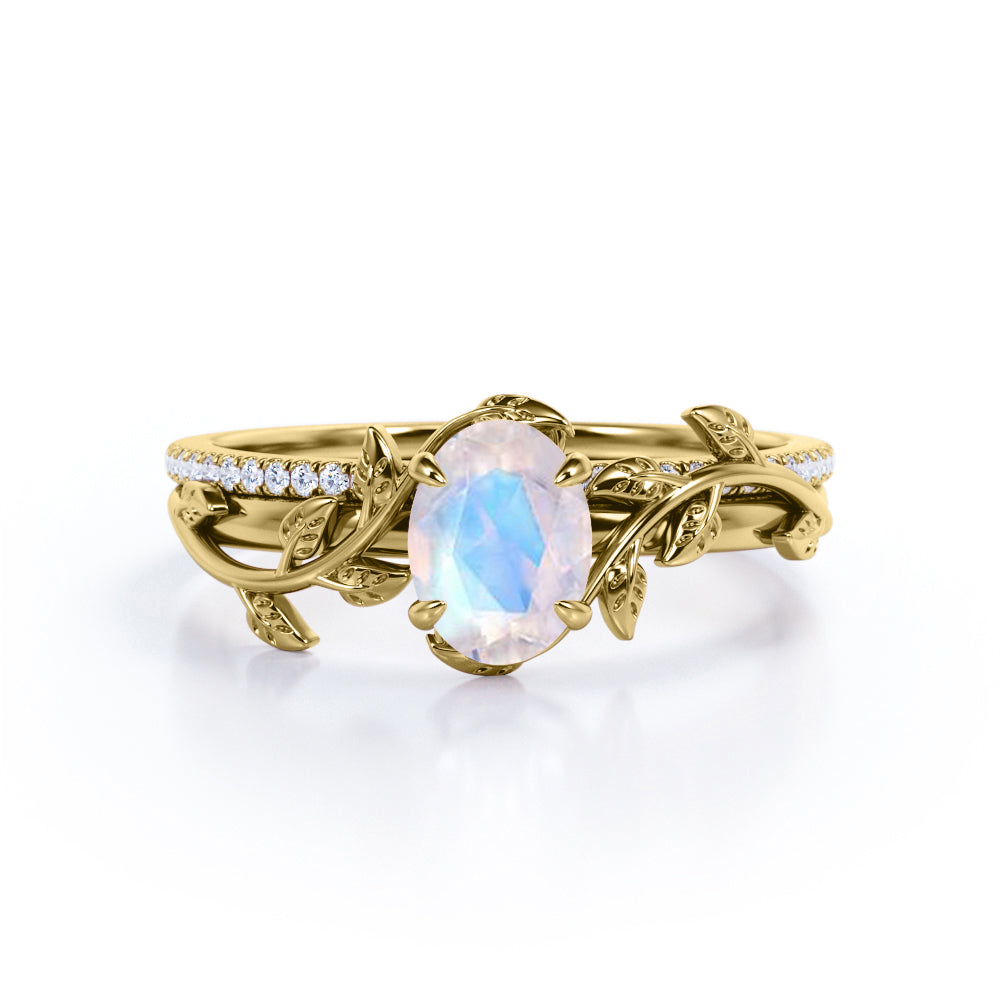 Olive leaf ring inspired Oval cut 1.25 carat Moonstone and diamond Wedding ring set in White gold