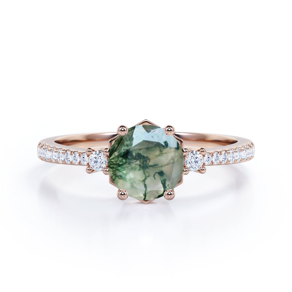 1.35 carat Round cut Moss Agate and diamond trinity pave engagement ring in Yellow gold