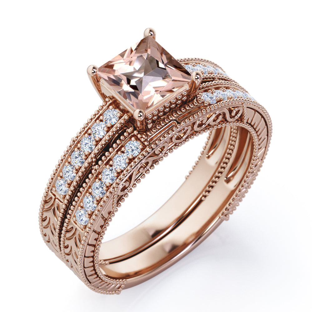 Milgrain Edge 1.25 carat Princess cut Morganite and diamond edwardian art deco engagement rings set-wedding ring set for her