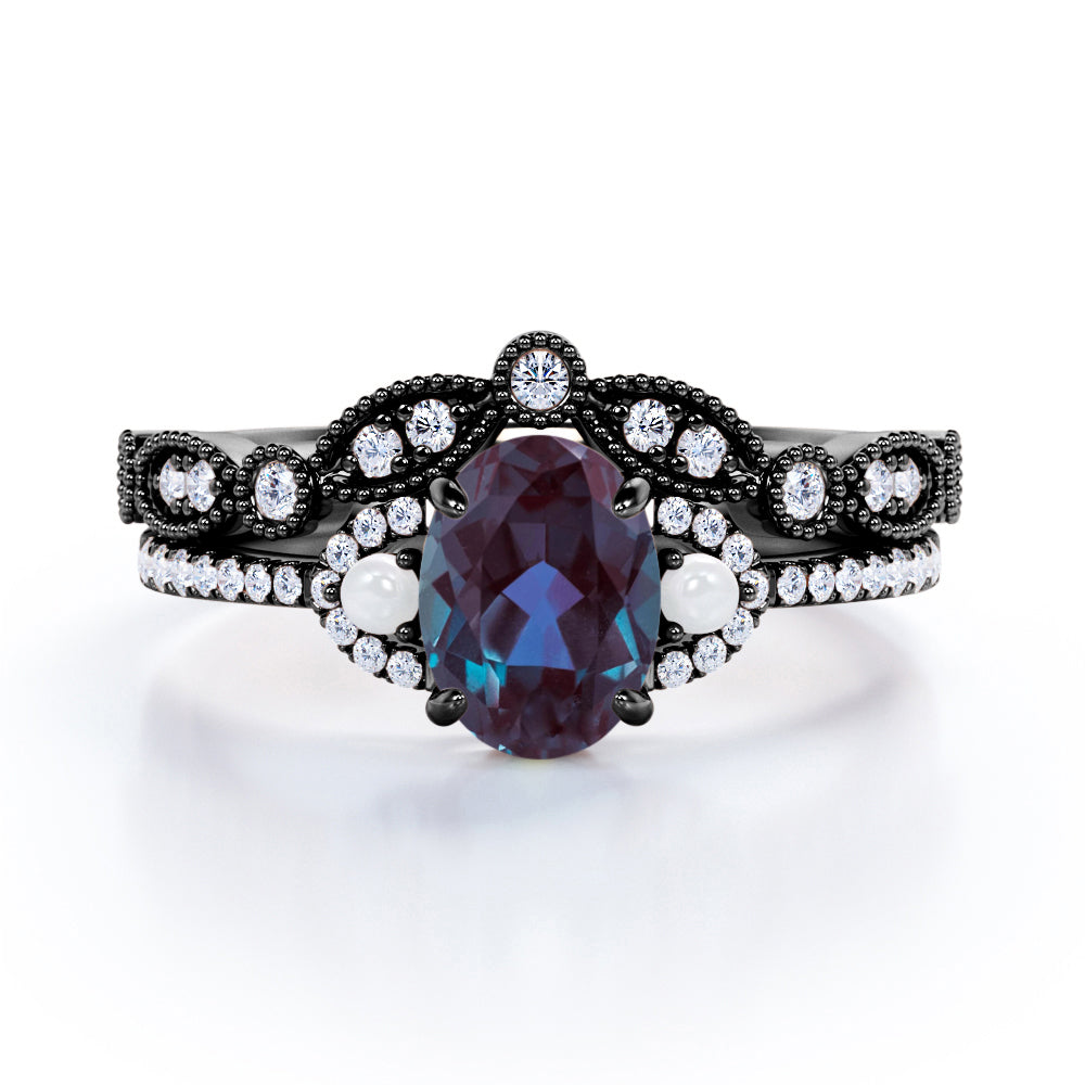 Vintage Milgrain 1.75 carat Oval cut Lab created Alexandrite, diamond and freshwater pearl wedding ring set in Rose gold