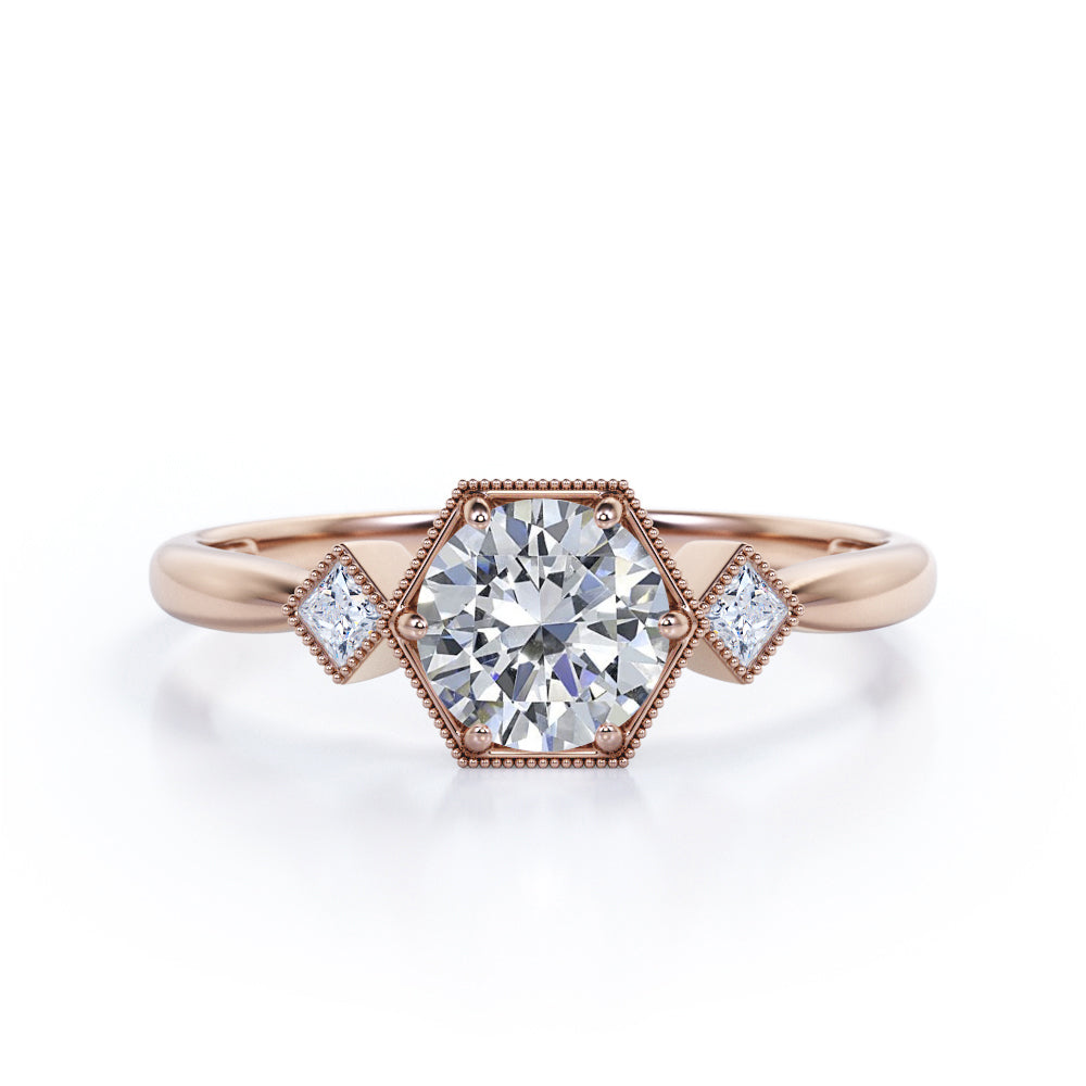 Trilogy Milgrain 1 carat Round cut Moissanite and diamonds tapered shank engagement ring in White gold