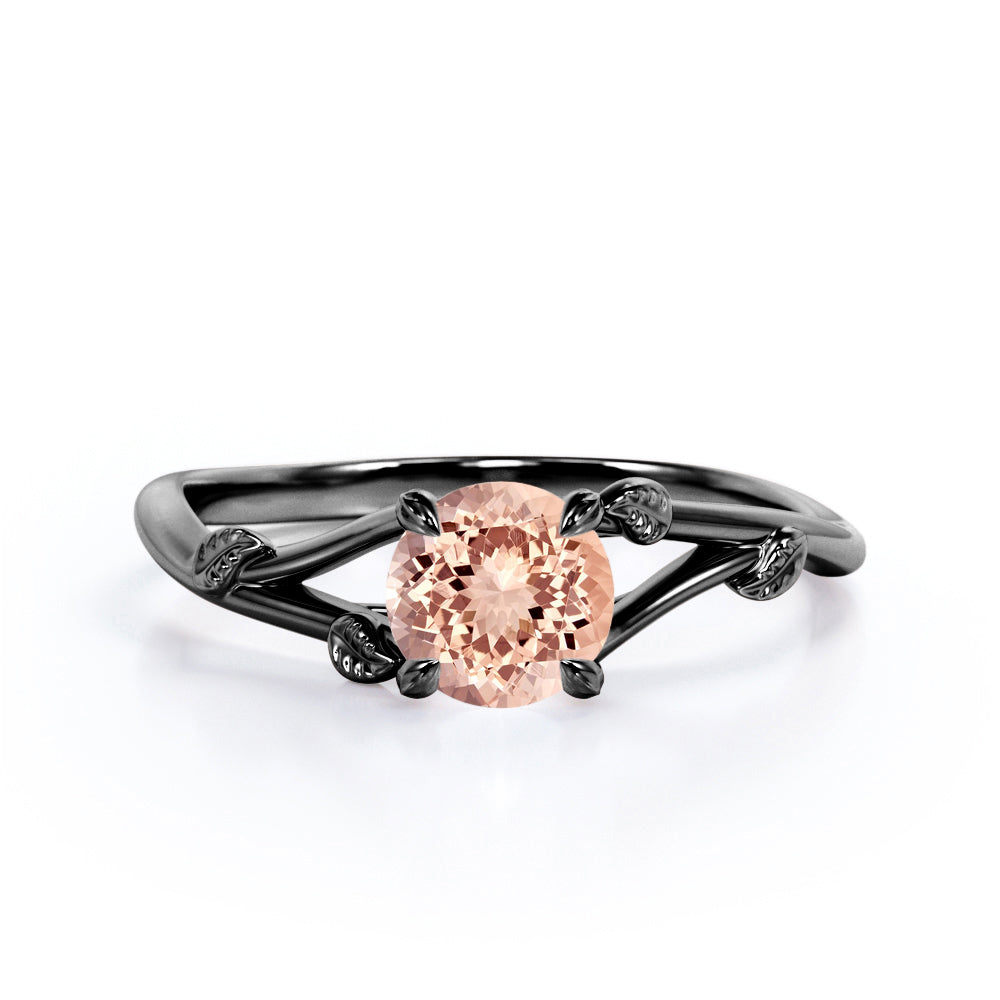 Vine and Leaf Shank 1 carat Round cut Morganite vintage earthy engagement ring in Rose gold