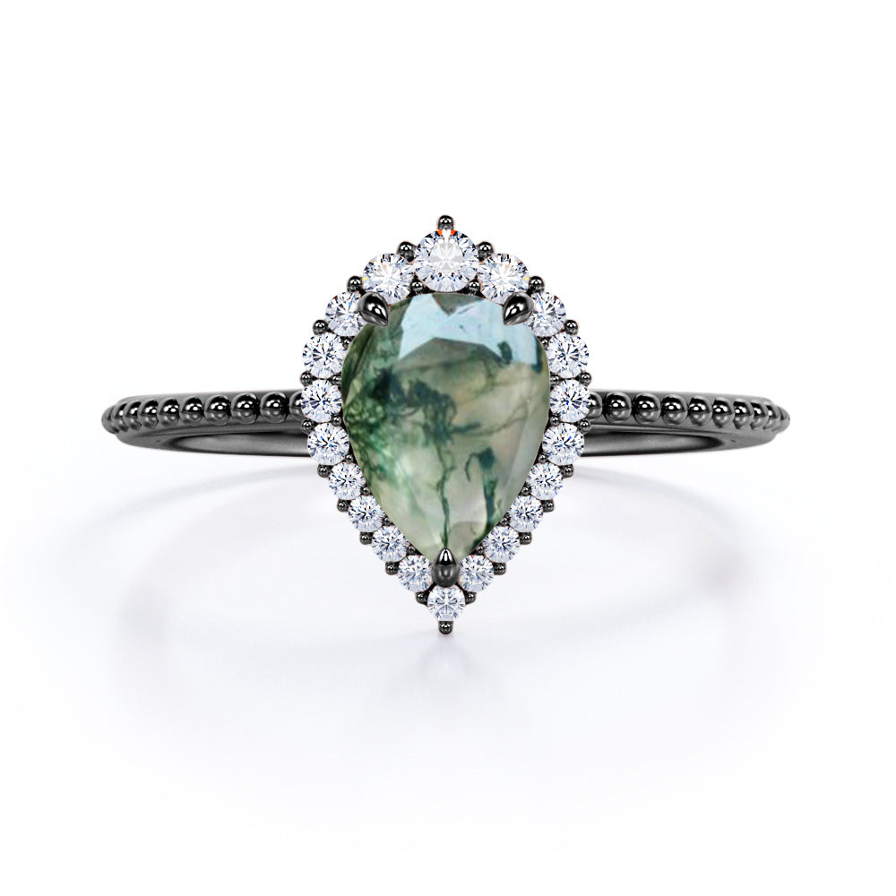 Royal inspired 1.2 carat Pear shaped Moss Green Agate and diamond Milgrain and halo engagement ring in Rose gold