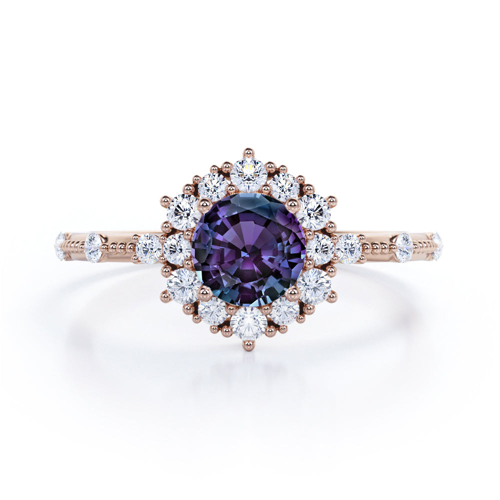 Antique Snowflake Halo 1.35 carat Round cut Synthetic Alexandrite and diamond vintage bead décor engagement ring in Black gold