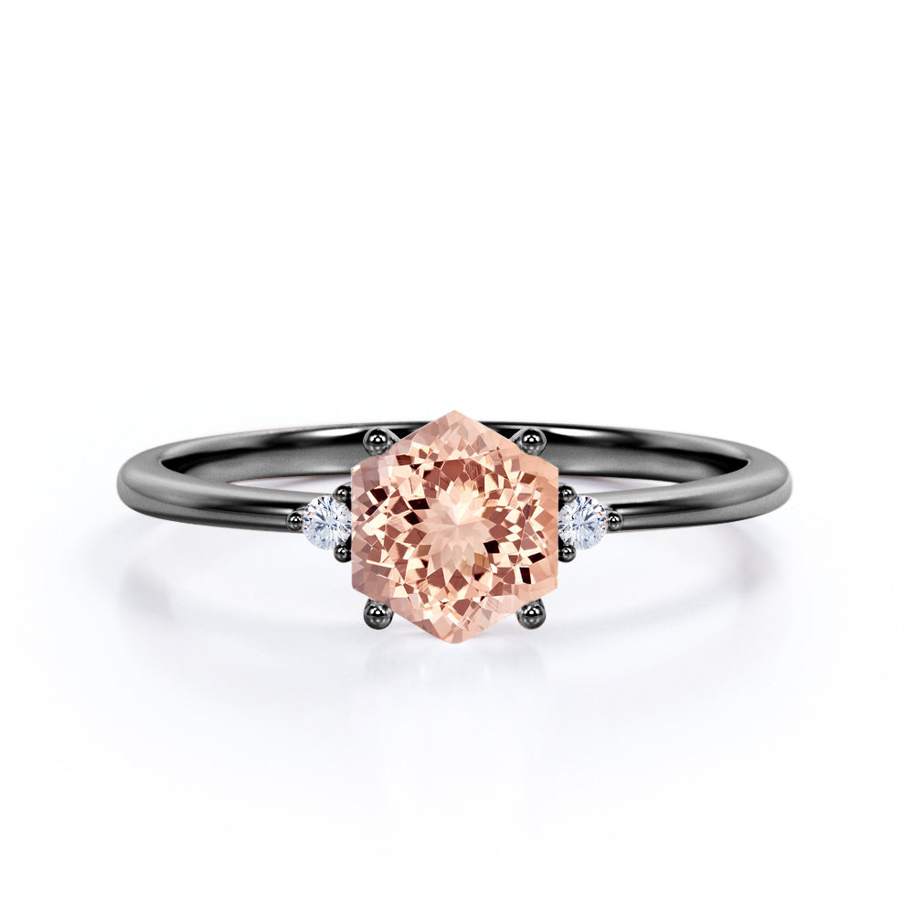 Asymmetrical Trilogy 0.55 carat Hexagon Morganite and diamond 3 stone engagement ring in Rose gold
