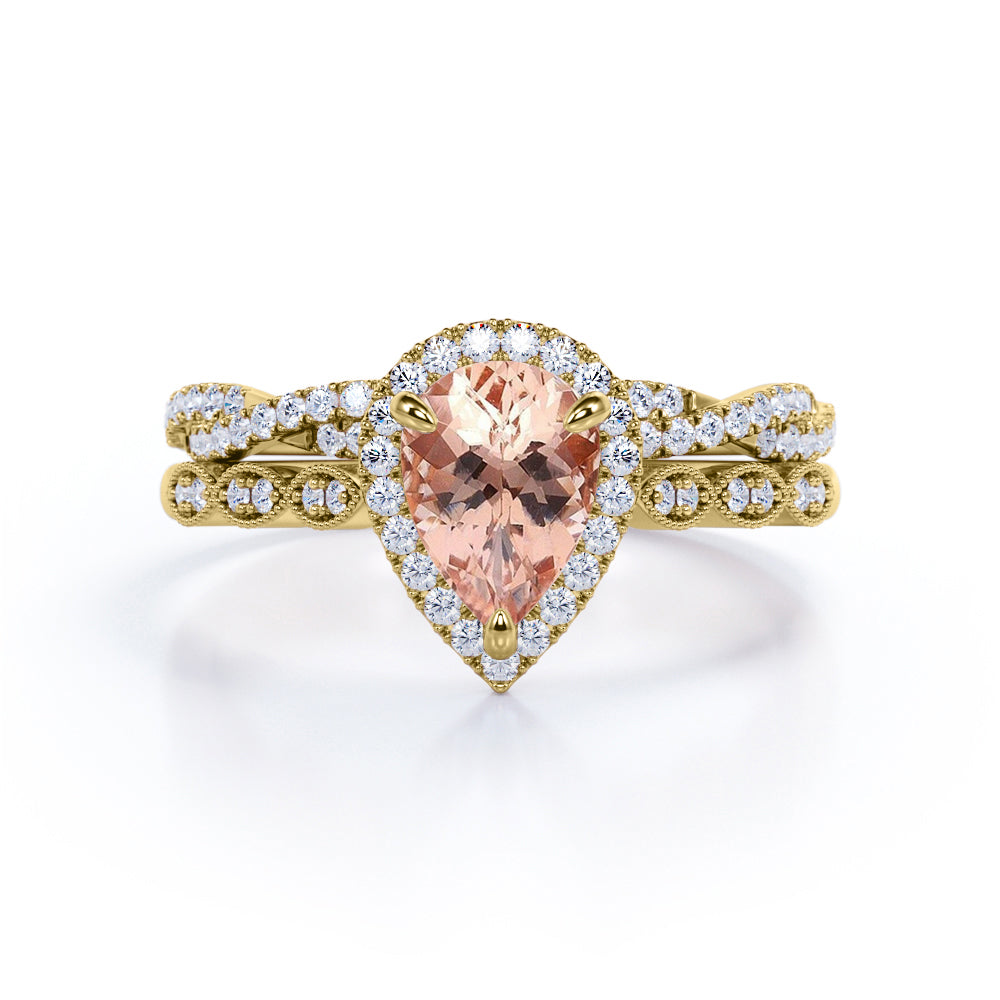 Pear Halo 1.75 carat Tear drop Morganite and diamond Milgrain and infinity wedding ring set for her