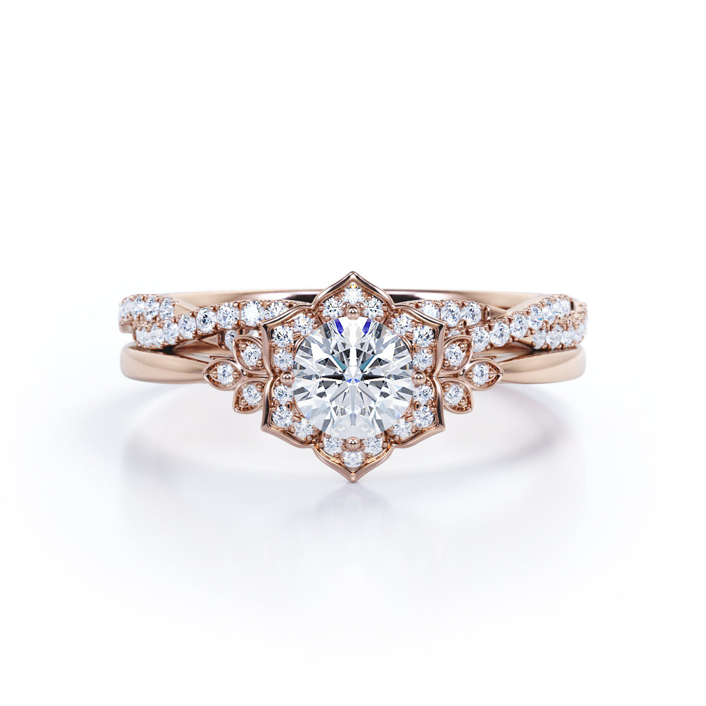 Half-infinity 1.5 carat round cut Moissanite and diamond floral inspired engagement rings and wedding band in gold-Bridal set