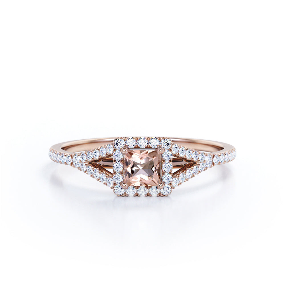 Pave shank 1 carat Princess cut Morganite and diamond eternity halo engagement ring in White gold