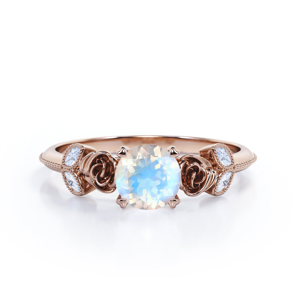 Vintage Rose 1.1 carat Round cut Blue Moonstone and marquise diamond engagement ring in White gold