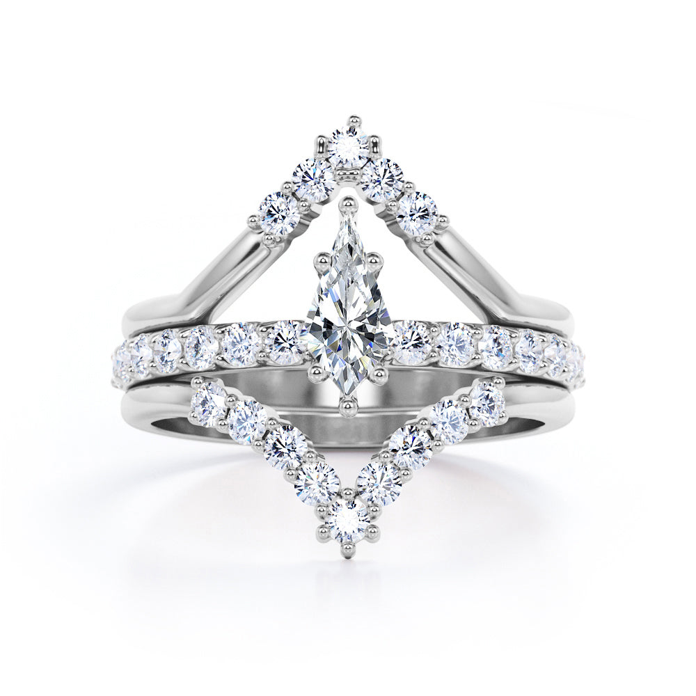 Art deco chevron 0.85 carat Kite shaped Moissanite and diamond pave set trio wedding ring set in Yellow gold