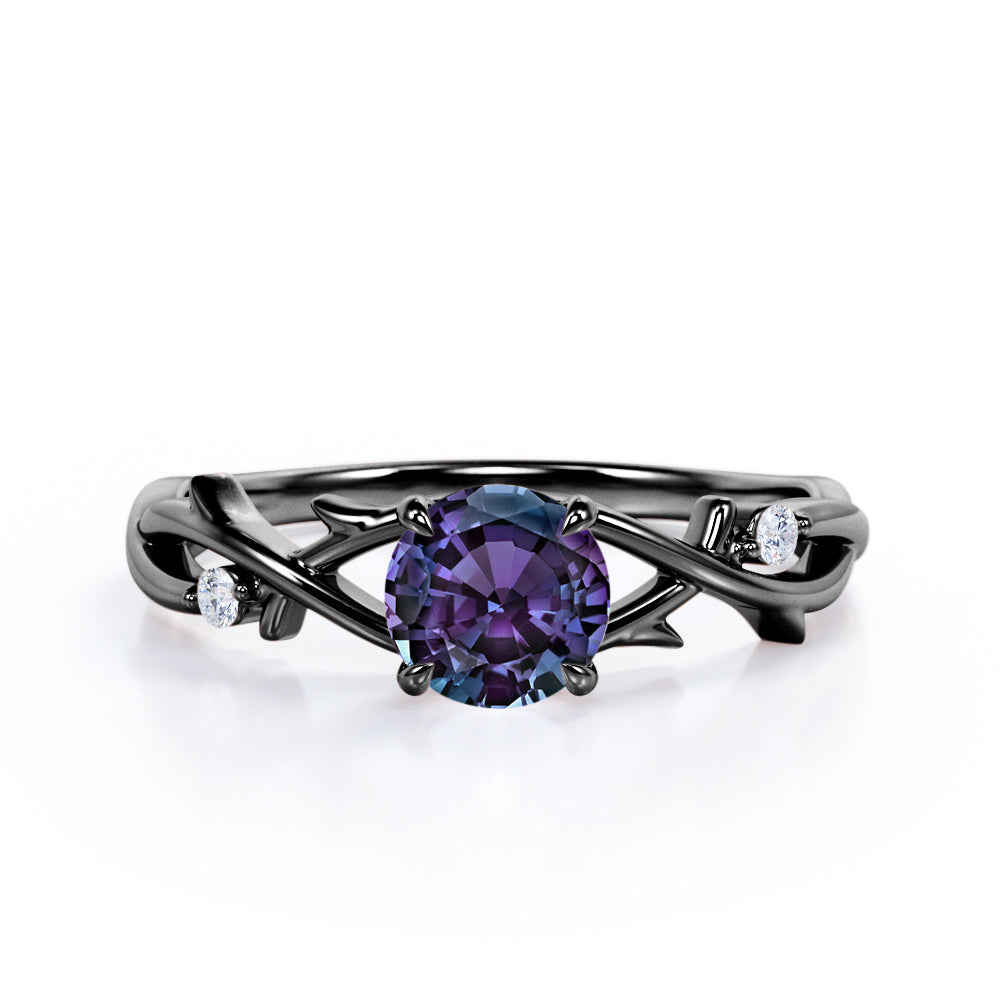 Four Claw Prong 1 carat Round cut Alexandrite and diamond earthy engagement ring in White gold