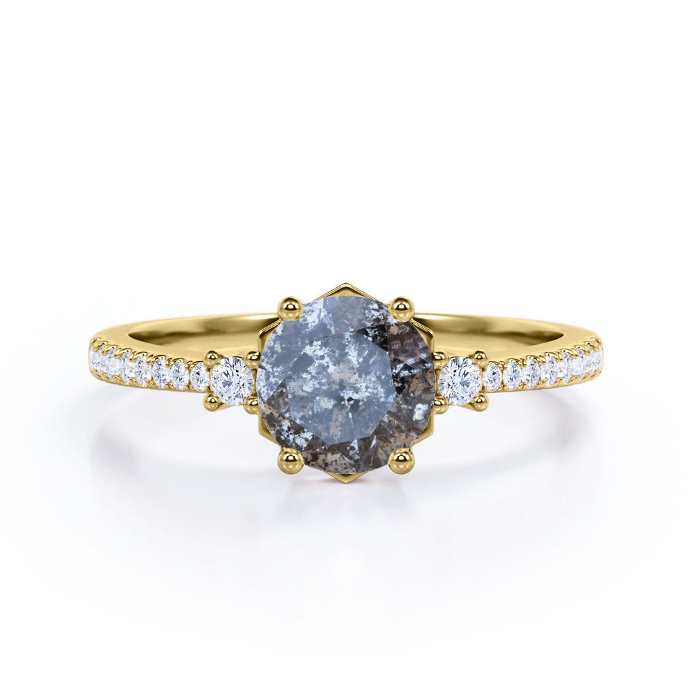 Basket Prong style 0.75 carat Round cut Salt and pepper diamond and White diamond-trio stone-eternity engagement ring in White gold