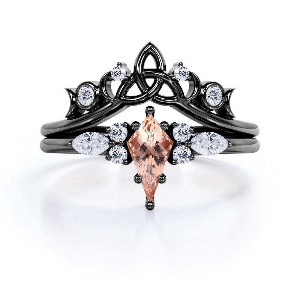 Triad Crown style 1.25 carat Kite shaped Morganite and diamond 6 prong setting wedding ring set in White gold