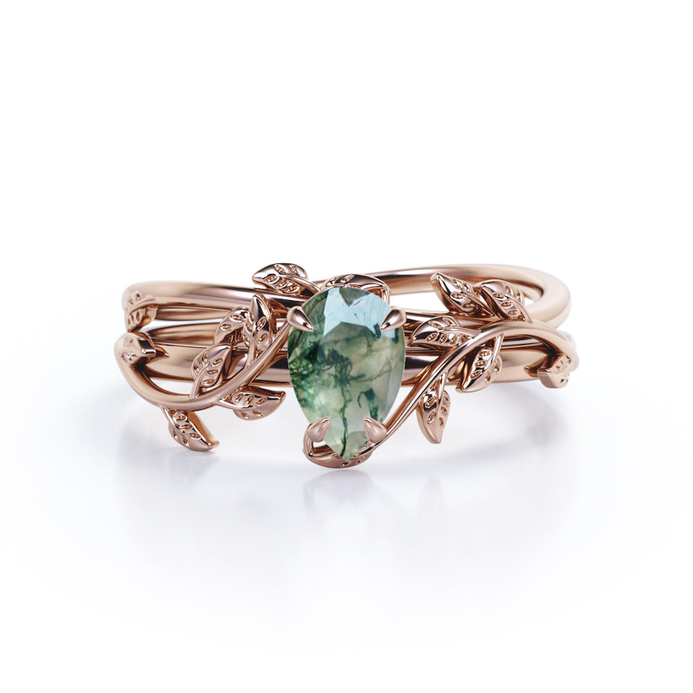Floral Solitaire 1 carat pear cut Moss green Agate and diamond - 4 Prong set - Wedding Bridal set for her in gold