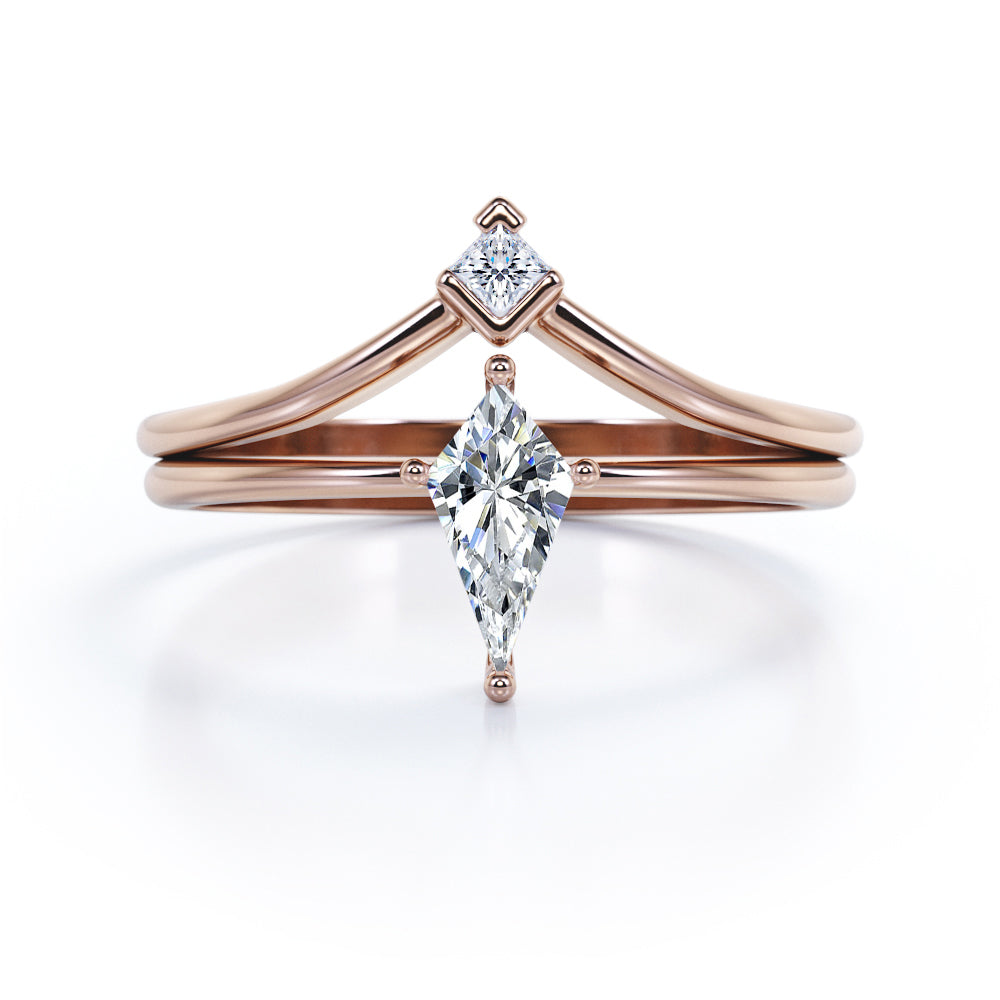 2 stone Chevron 0.55 carat Kite shaped Moissanite and diamond minimalist wedding ring set in Rose gold