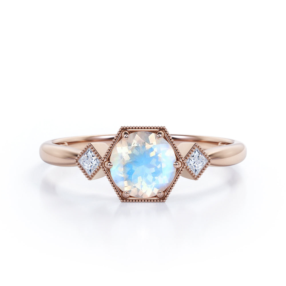 Triple Bezels 1.1 carat Round cut Moonstone and diamond Milgrain engagement ring in White gold