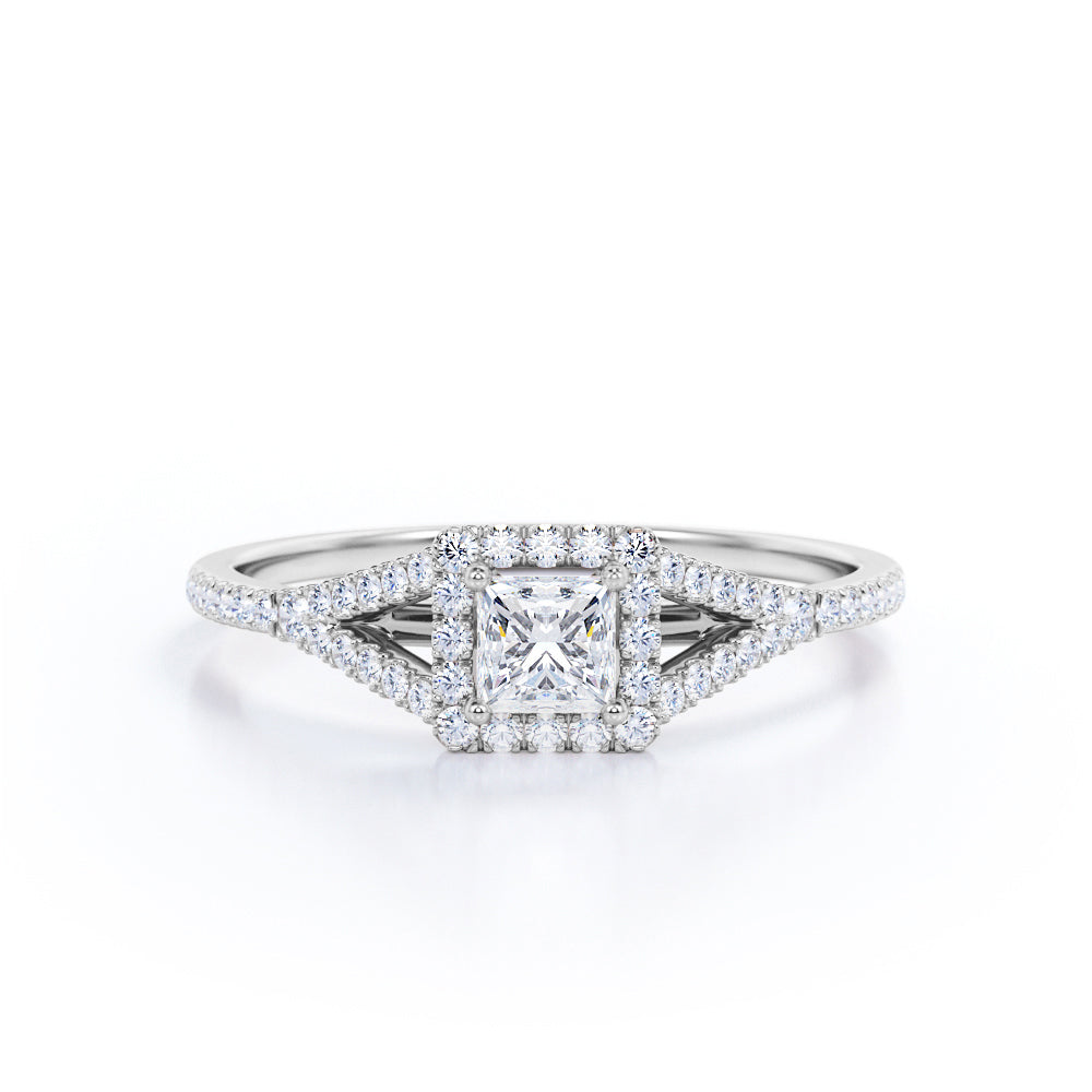 Halo Split shank 0.75 carat Princess cut Moissanite and diamond engagement ring in Rose gold