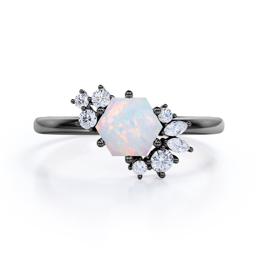 Artistic modern 1.2 carat Hexagon shape Ethiopian Opal and diamond Bridal set for women in White gold