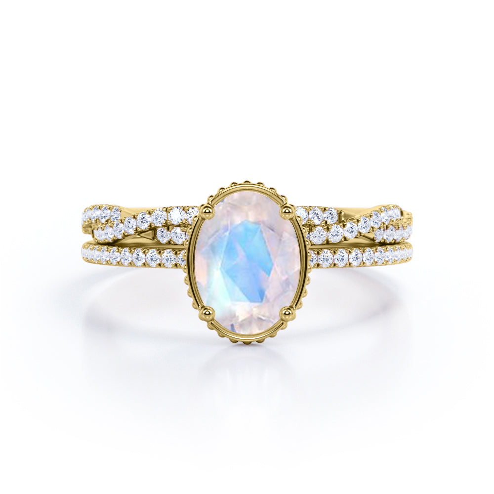 Milgrain Edge 1.5 carat Oval shape Moonstone and diamond Bridal wedding ring set in gold