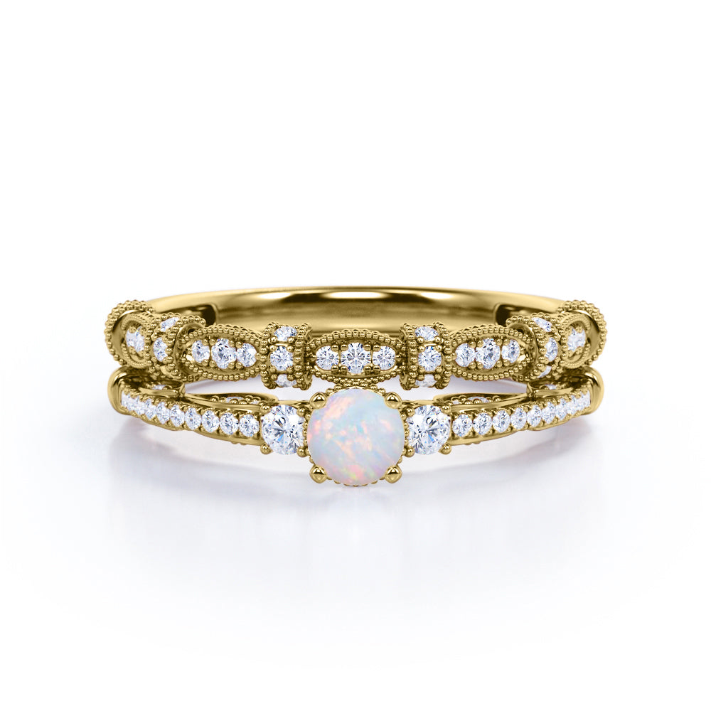 Antique Bead décor 1.7 carat Round cut Ethiopian Opal and diamond art nouveau style wedding ring set in White gold