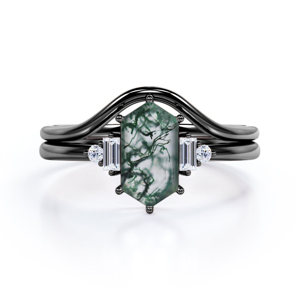 Plain Chevron Band 1.1 carat Hexagon shaped Moss Green Agate and diamond 5 stone Bridal ring set in White gold