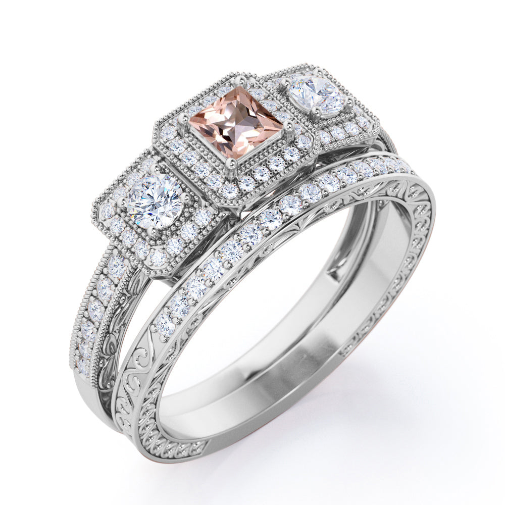 Art Deco 2 Carat Cushion Cut Morganite Wedding Ring Set On 10k