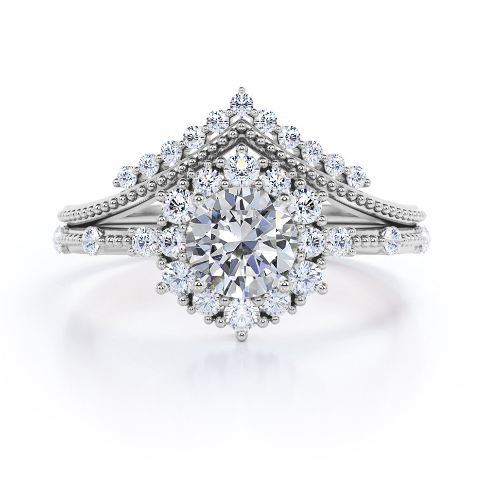 Milgrain Chevron 1.3 carat Round cut Moissanite and diamond art deco inspired wedding ring set for her in Black gold