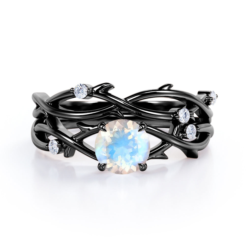 Eccentric nature inspired 1.15 carat Round cut Moonstone and diamond earthy Bridal set for women in White gold