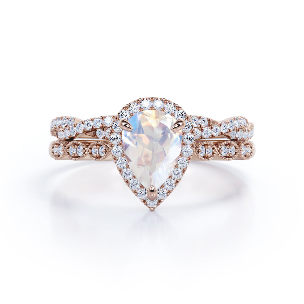 Art deco Antique 1.75 carat Pear shaped Milgrain Moonstone and diamond Wedding ring set- Anniversary ring in White gold