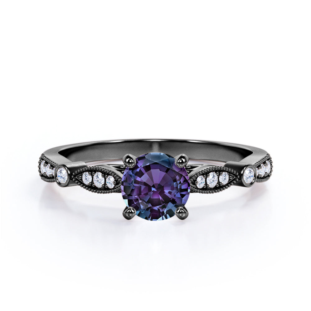 Claw Cathedral setting 1.15 carat Round cut Lab created Alexandrite and diamond art deco engagement ring in White gold