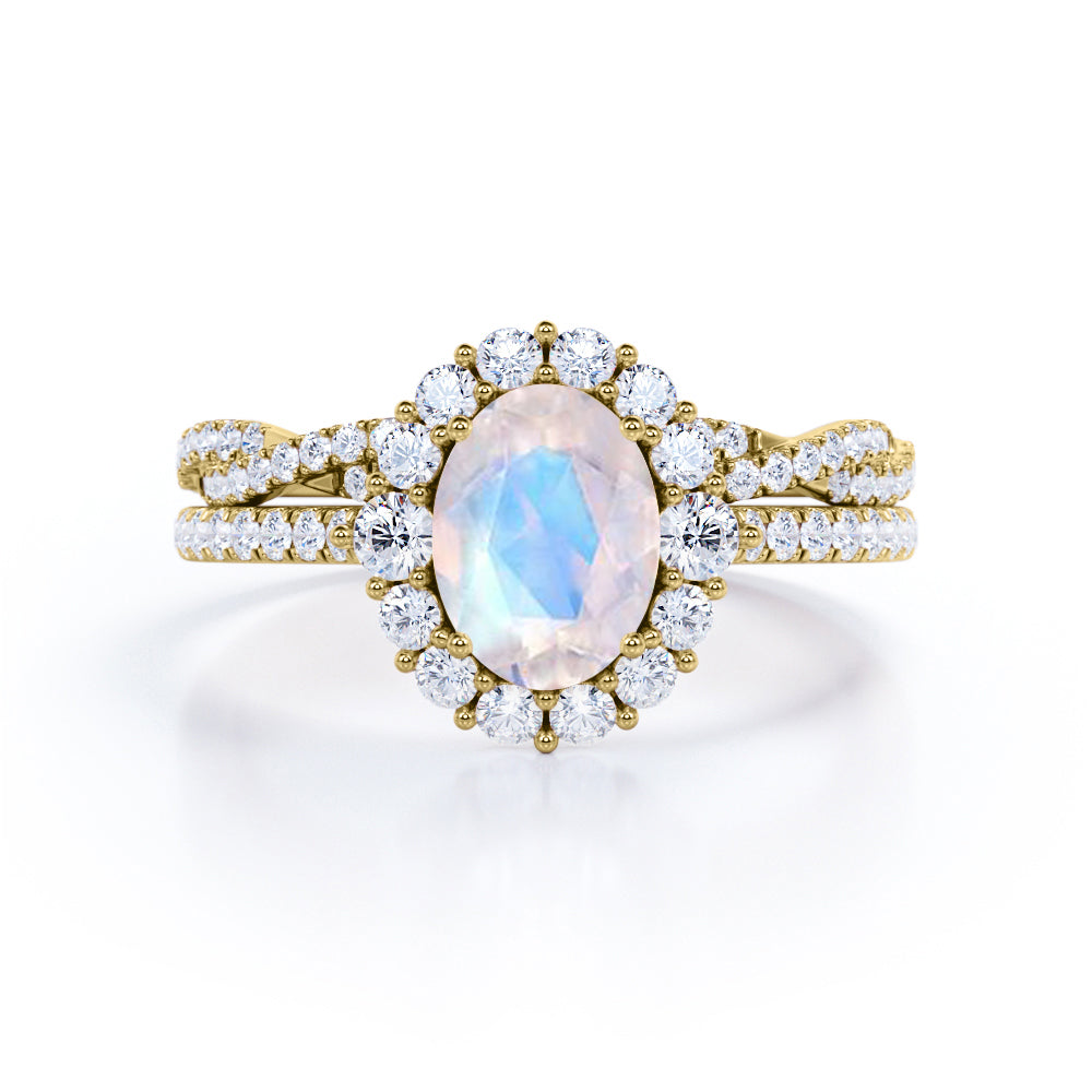 Cluster Halo 1.75 carat Oval cut Moonstone and Diamond Vintage Bridal set for women