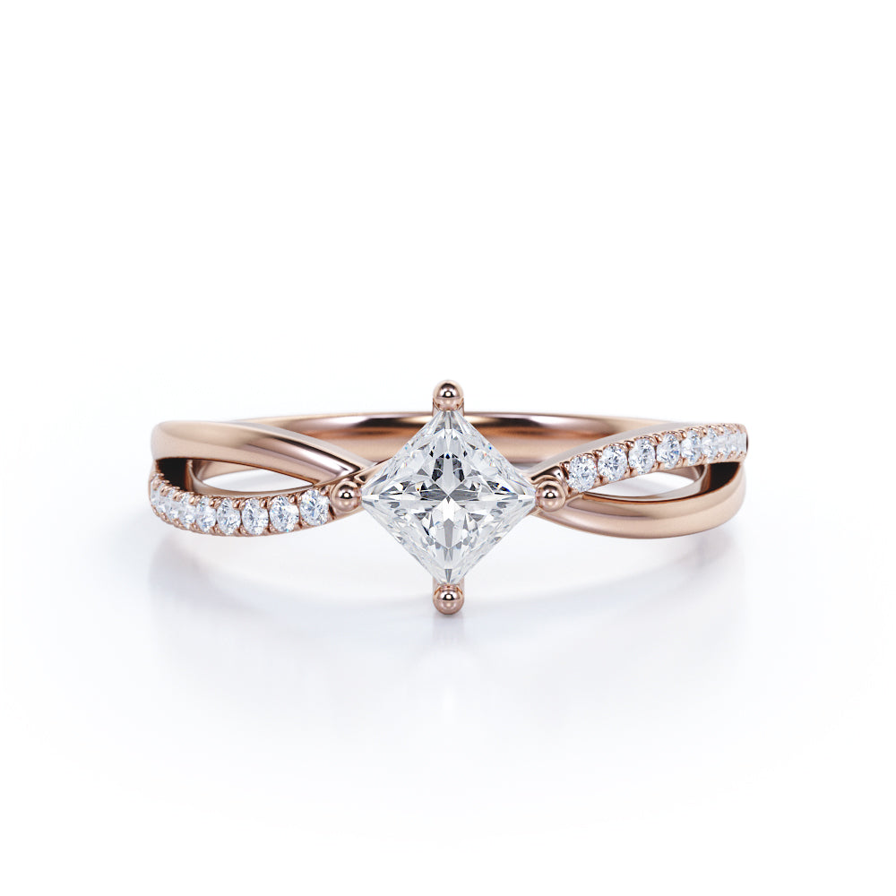 Modern 1.15 carat Princess cut Moissanite and diamond-compass four prong-split shank engagement ring for women