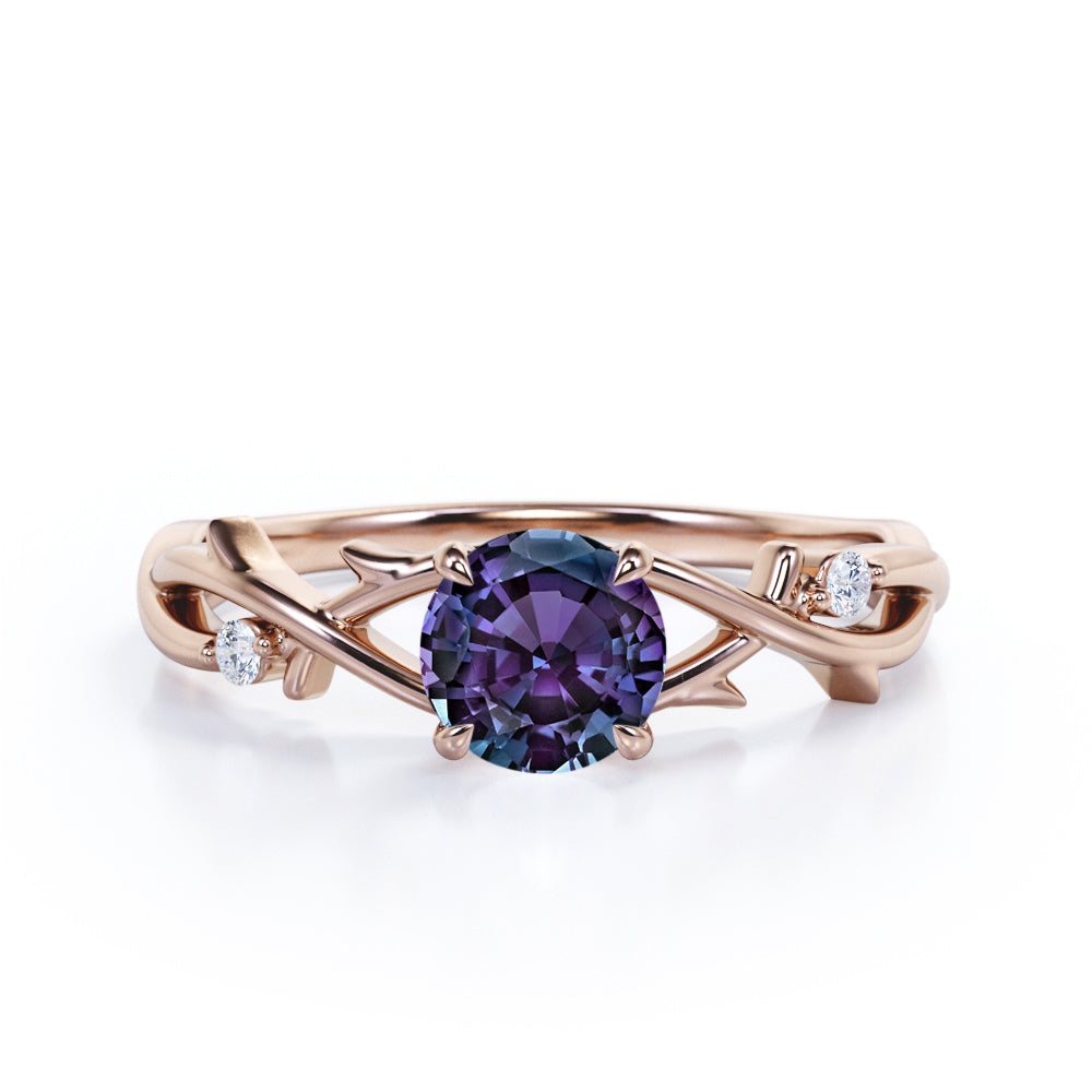 Four Claw Prong 1 carat Round cut Alexandrite and diamond earthy engagement ring in White gold